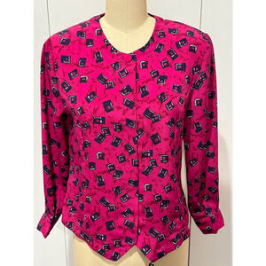 Unbranded button front long sleeve Blouse Sz S Pink Blue Pattern